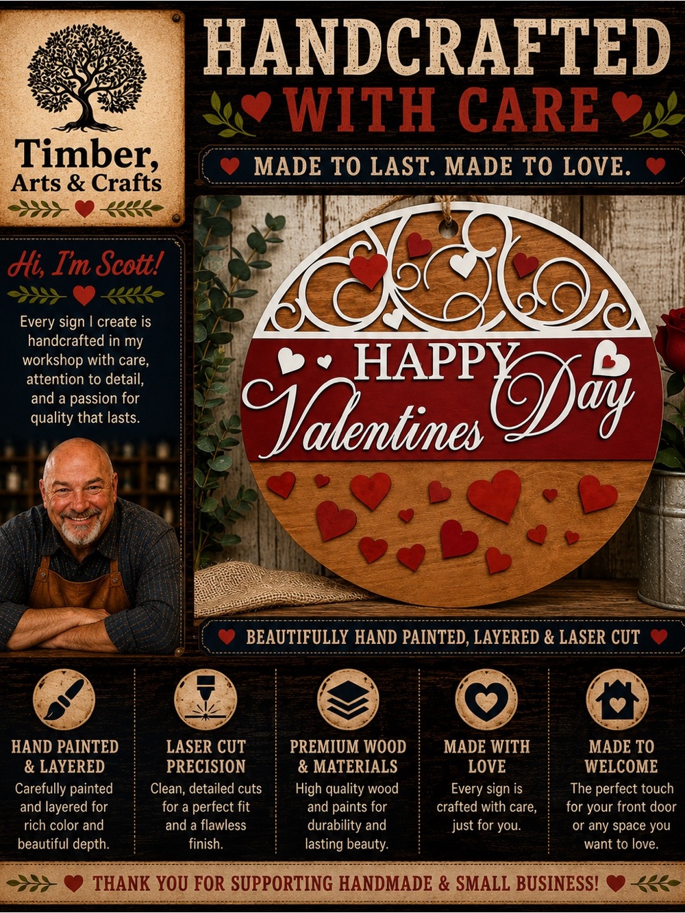 Hand Crafted Wooden Door Hanger Laser Cut
“Happy Valentines Day”